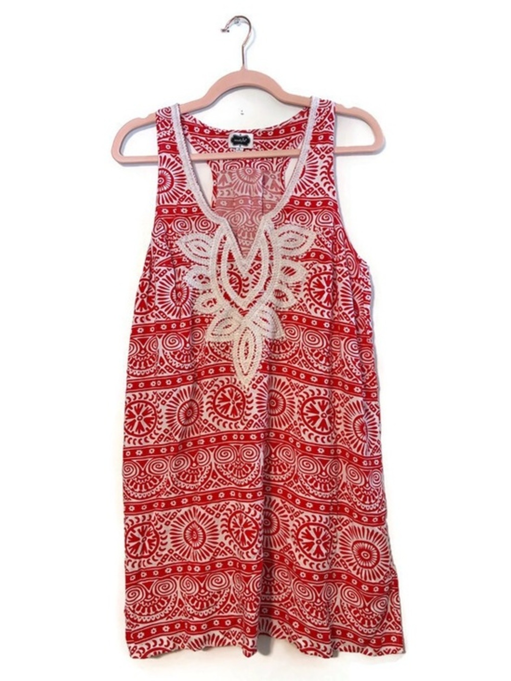 Mud Pie Sleeveless Red White Mosaic Print Crochet Mini Dress Women’s size Large